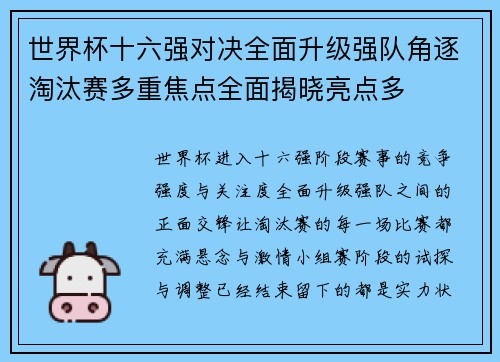 世界杯十六强对决全面升级强队角逐淘汰赛多重焦点全面揭晓亮点多