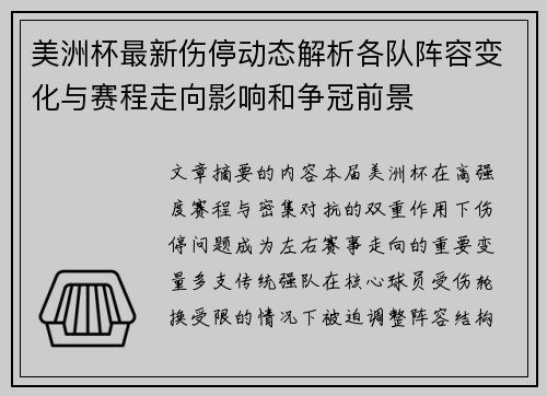 美洲杯最新伤停动态解析各队阵容变化与赛程走向影响和争冠前景 美洲杯最新伤停动态解析各队阵容变化与赛程走向影响和争冠前景